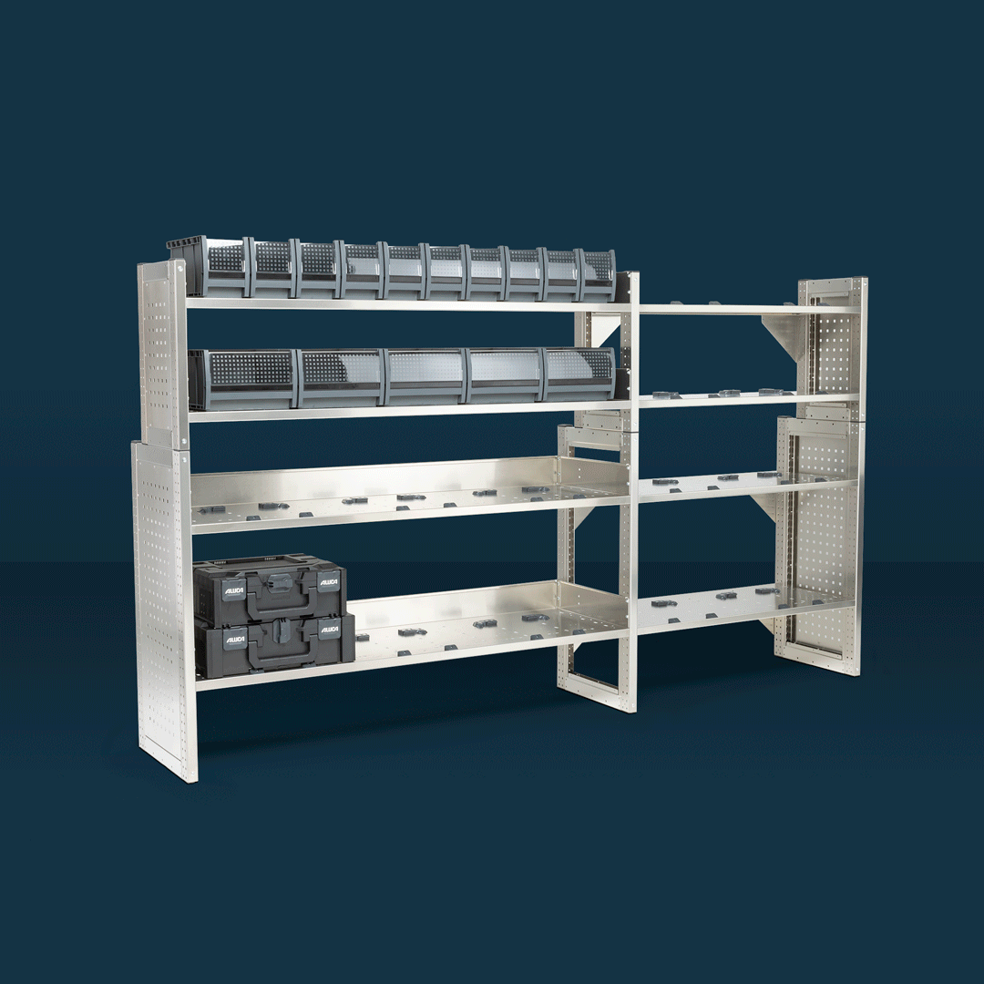 aluDock Regalsystem mit verstauten Koffersystemen für Fahrzeugeinrichtung.